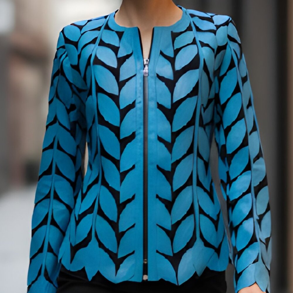 Sheer Women's Jacket Blouse Top Shirt Outfit Handmade Light Leather Leaf Pattern